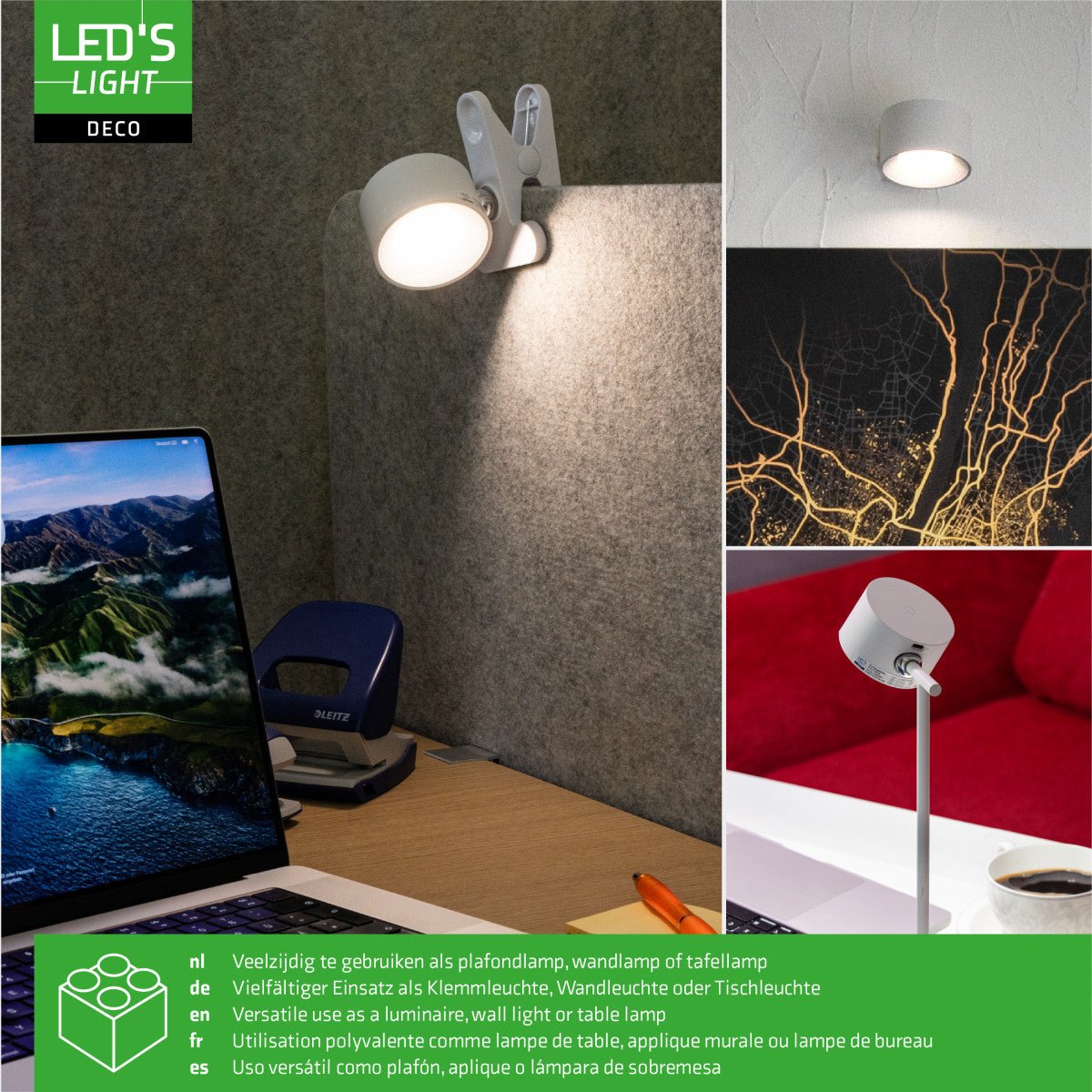 3-in-1-LED-Lampe, kabellos und wiederaufladbar, mit magnetischer Wandhalterung, Fuß und Klemme – Weiß