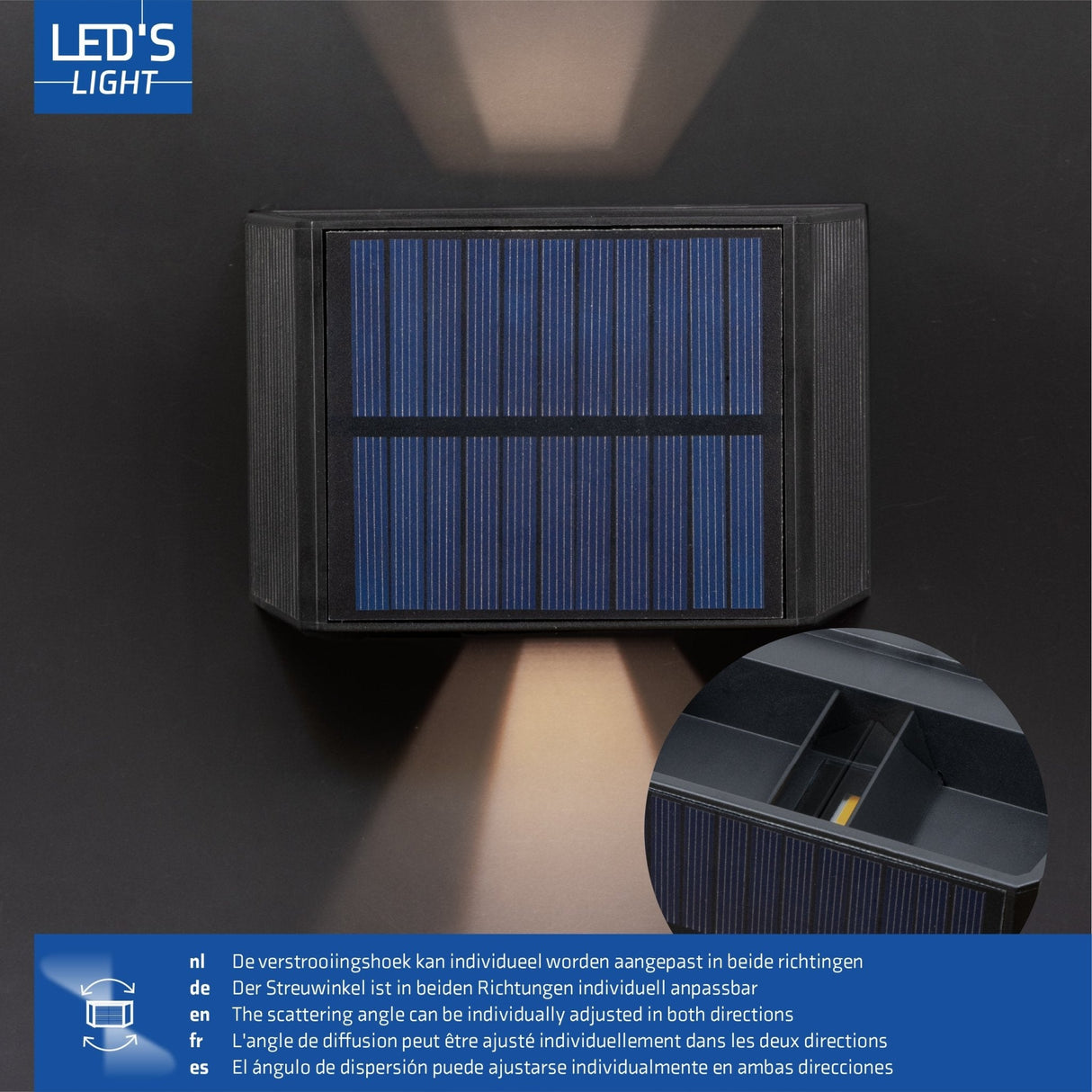 Draadloze Solar Buitenlamp met sensor - Schijnt beneden en boven - Wandlamp zonne-energie - Zwart