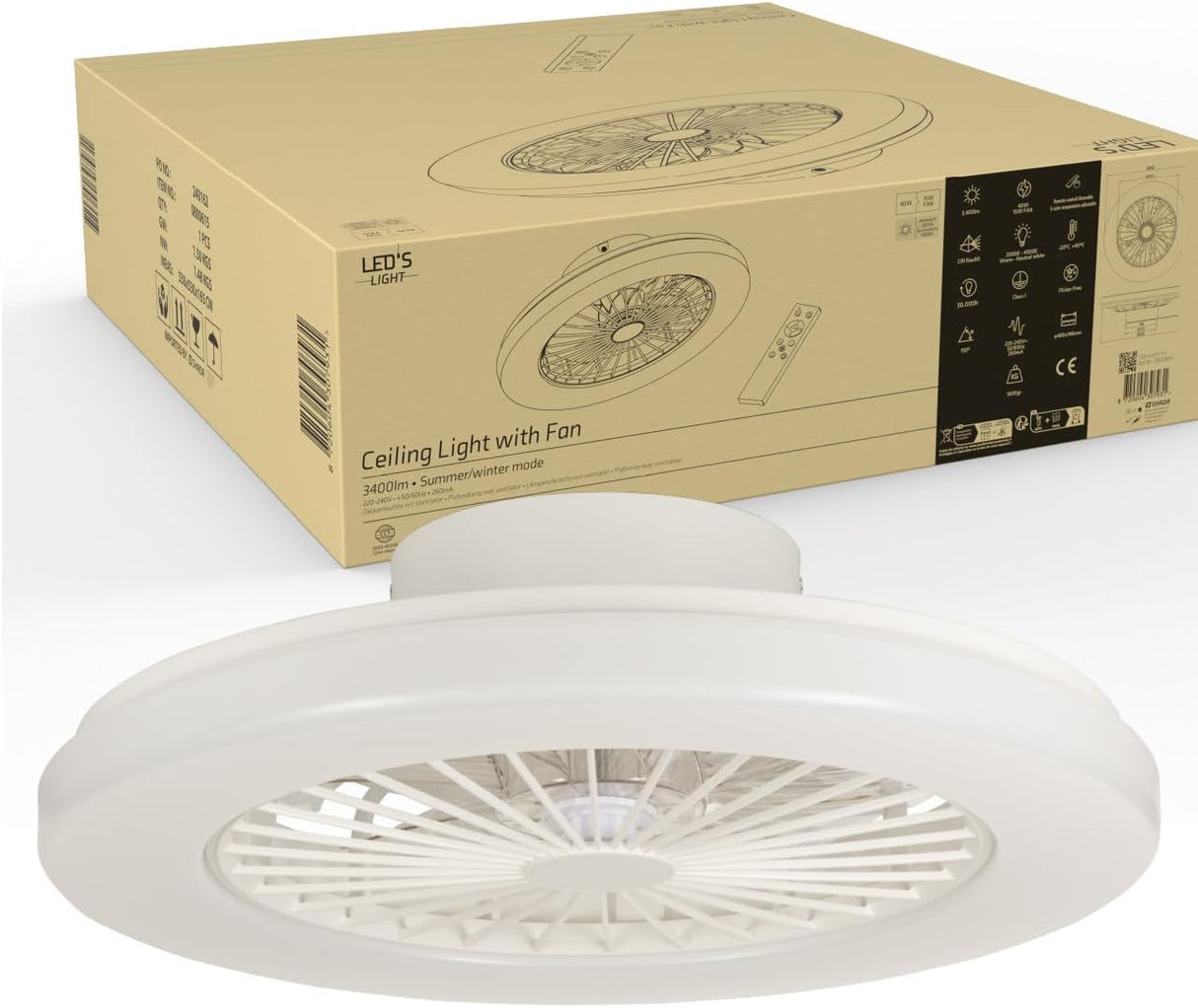LED's Light Deckenventilator mit Beleuchtung 48 cm - Lüftungsgeschwindigkeit und Bedienung mit Fernbedienung - Weiß