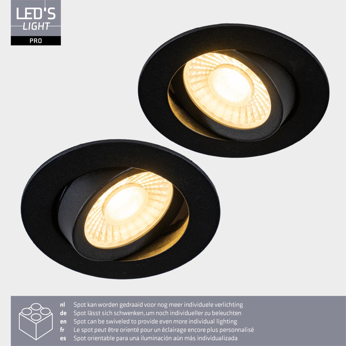 LED's Light PRO - 3er Pack - Downlight Einbaustrahler Ø 68mm - Schwenkbar - Spritzwassergeschützt - Dim to Warm - Schwarz