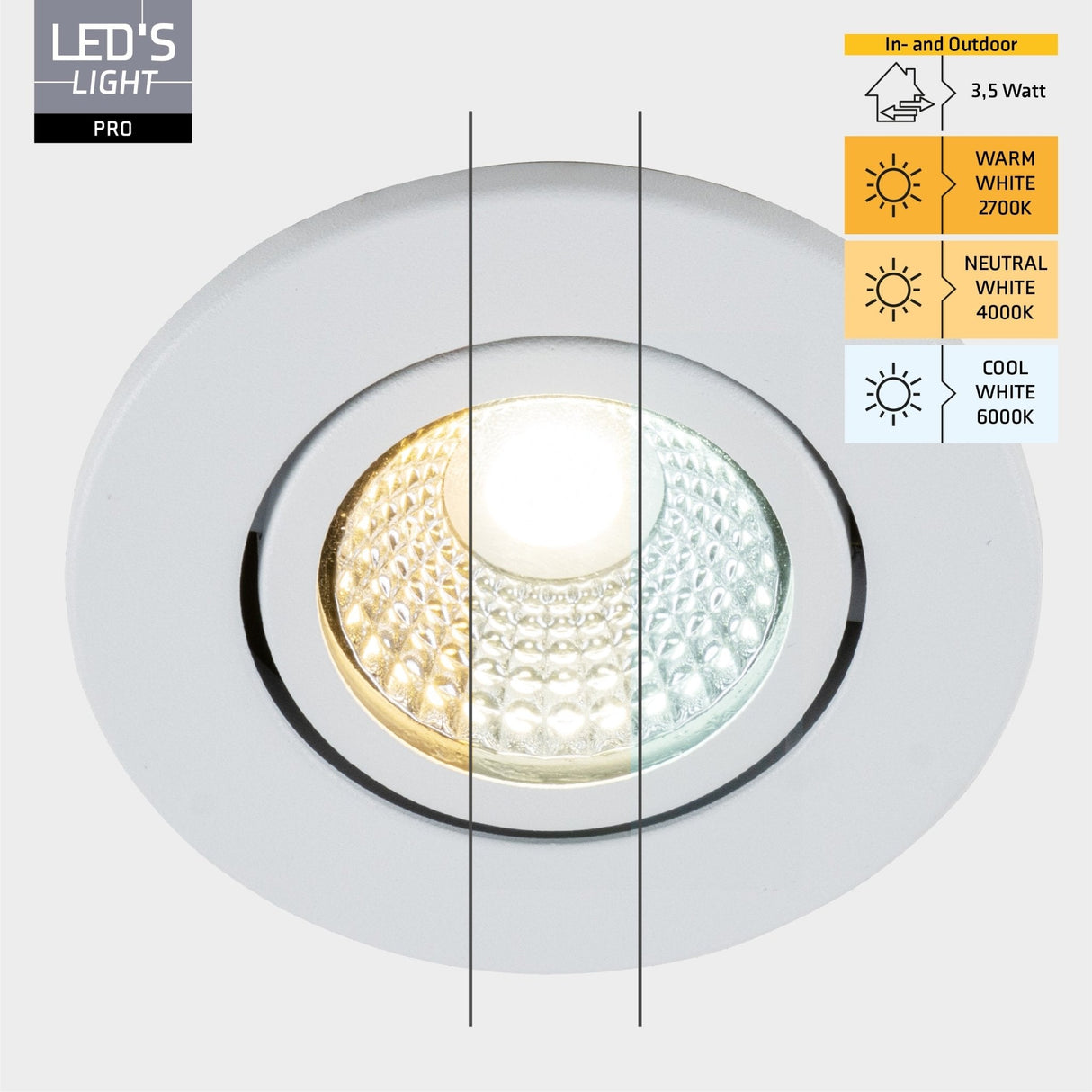3 PACK - LED's Light PRO Recessed Spotlight 68 mm - Indoor & Outdoor - 3 light colors - Dimmable light - White