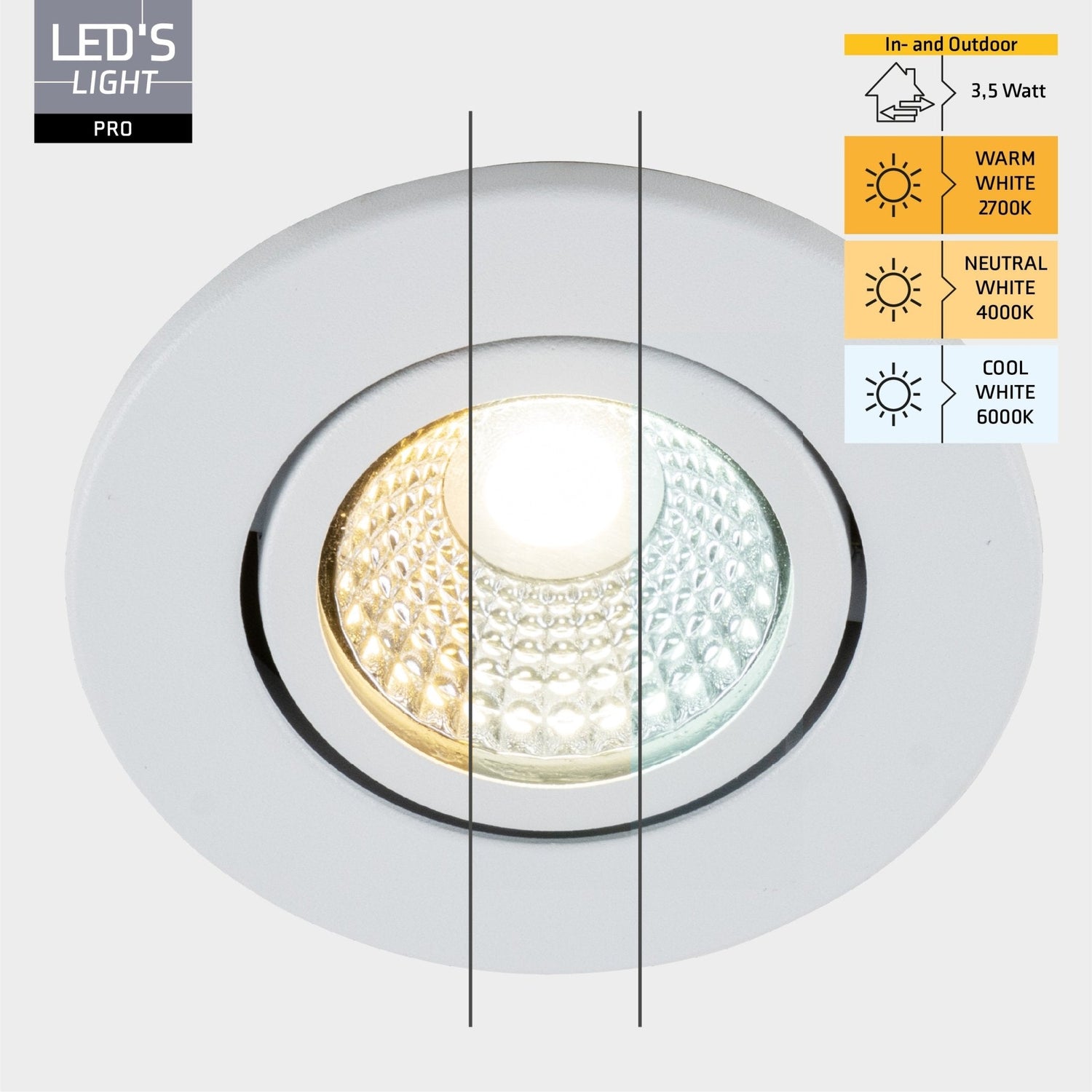 3 PACK - LED's Light PRO Recessed Spotlight 68 mm - Indoor & Outdoor - 3 light colors - Dimmable light - White