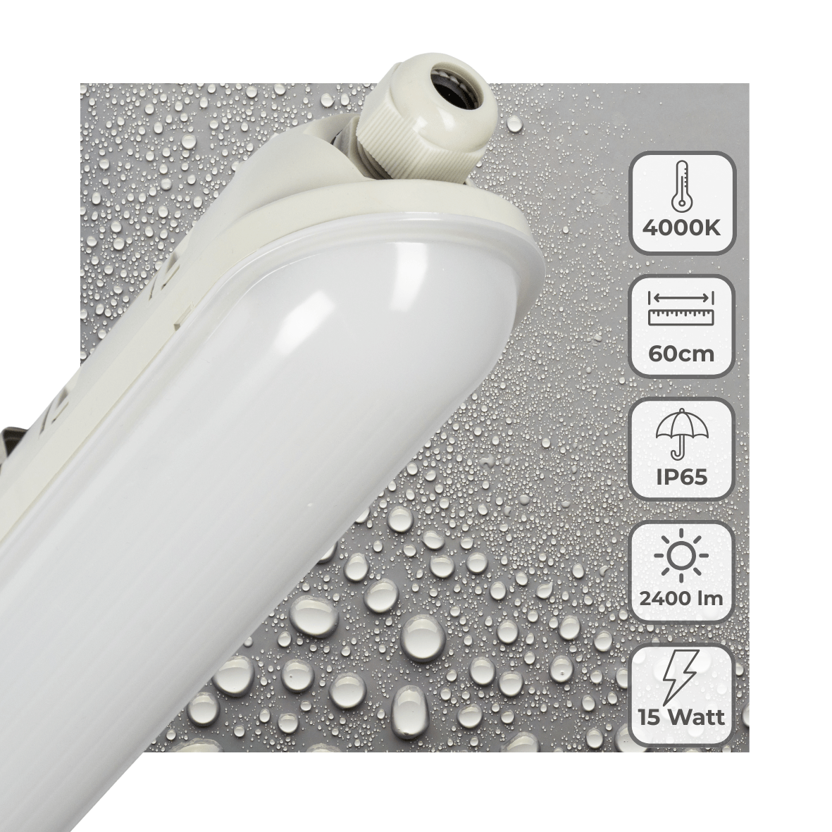 LED TL Armatuur 60cm 2400 lumen - 15W - Koelwit 4000K - IP65 Waterdicht - 160lm/W