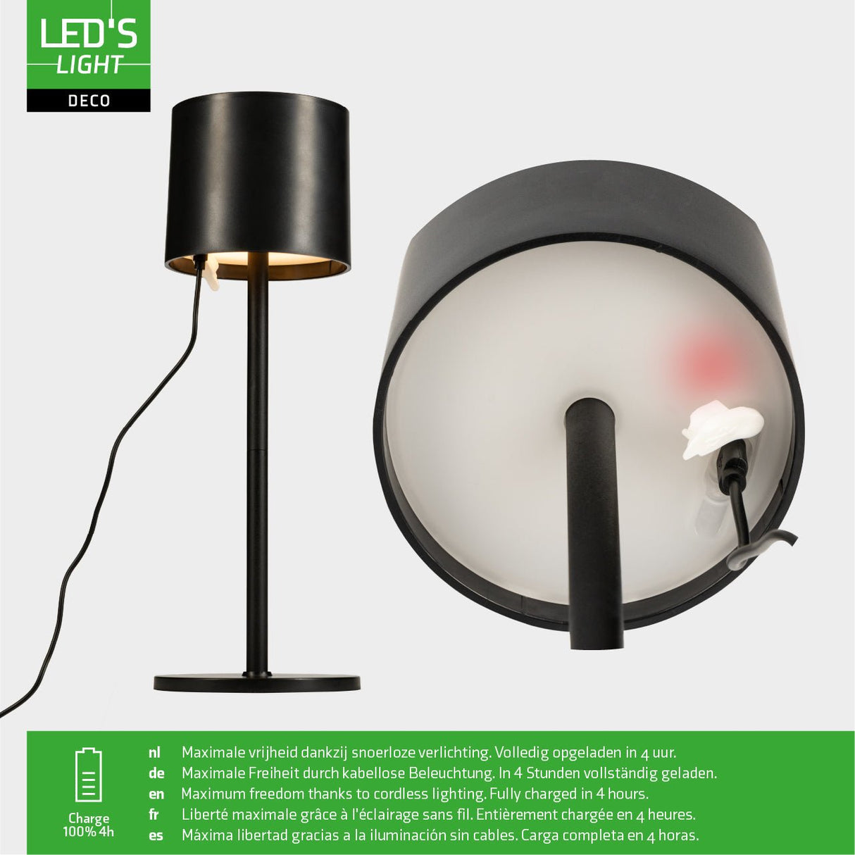 LED's Light Tafellamp op accu - oplaadbaar en draadloos - voor binnen en buiten - 3 kleuren licht - Zwart