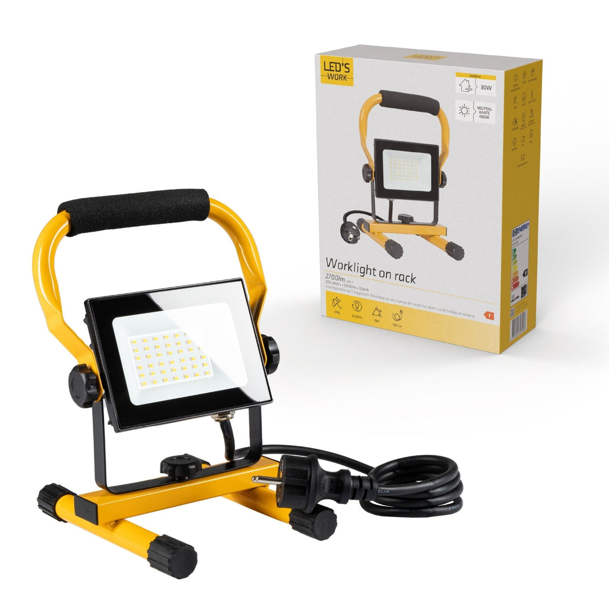 LED 30W Bouwlamp 3100 - Verstelbare beugel - Waterdicht (IP65) - Zwart geel - koelwit 4000K