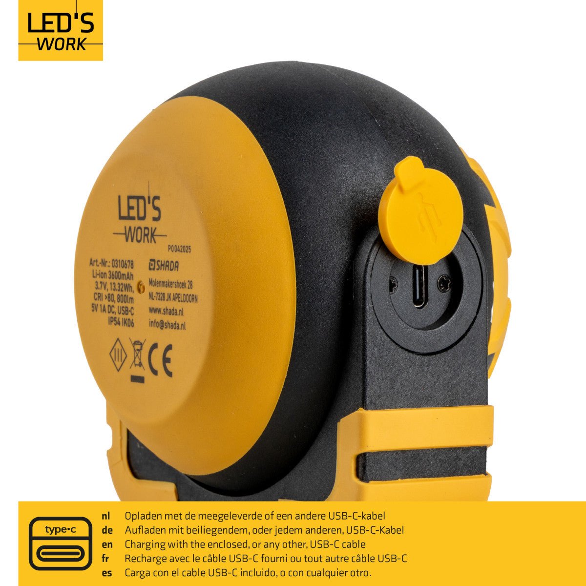 Accu Werklamp 800 Lumen - 10W - Koelwit 4000K - Dimbaar - IP54 - USB-C Oplaadbaar