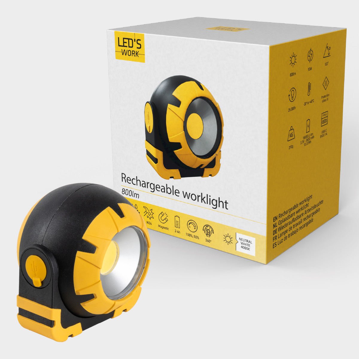 Accu Werklamp 800 Lumen - 10W - Koelwit 4000K - Dimbaar - IP54 - USB-C Oplaadbaar