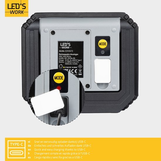 Rechargeable LED work lamp - 10W 700 lumens - dimmable - wireless - IP54 waterproof - USB-C