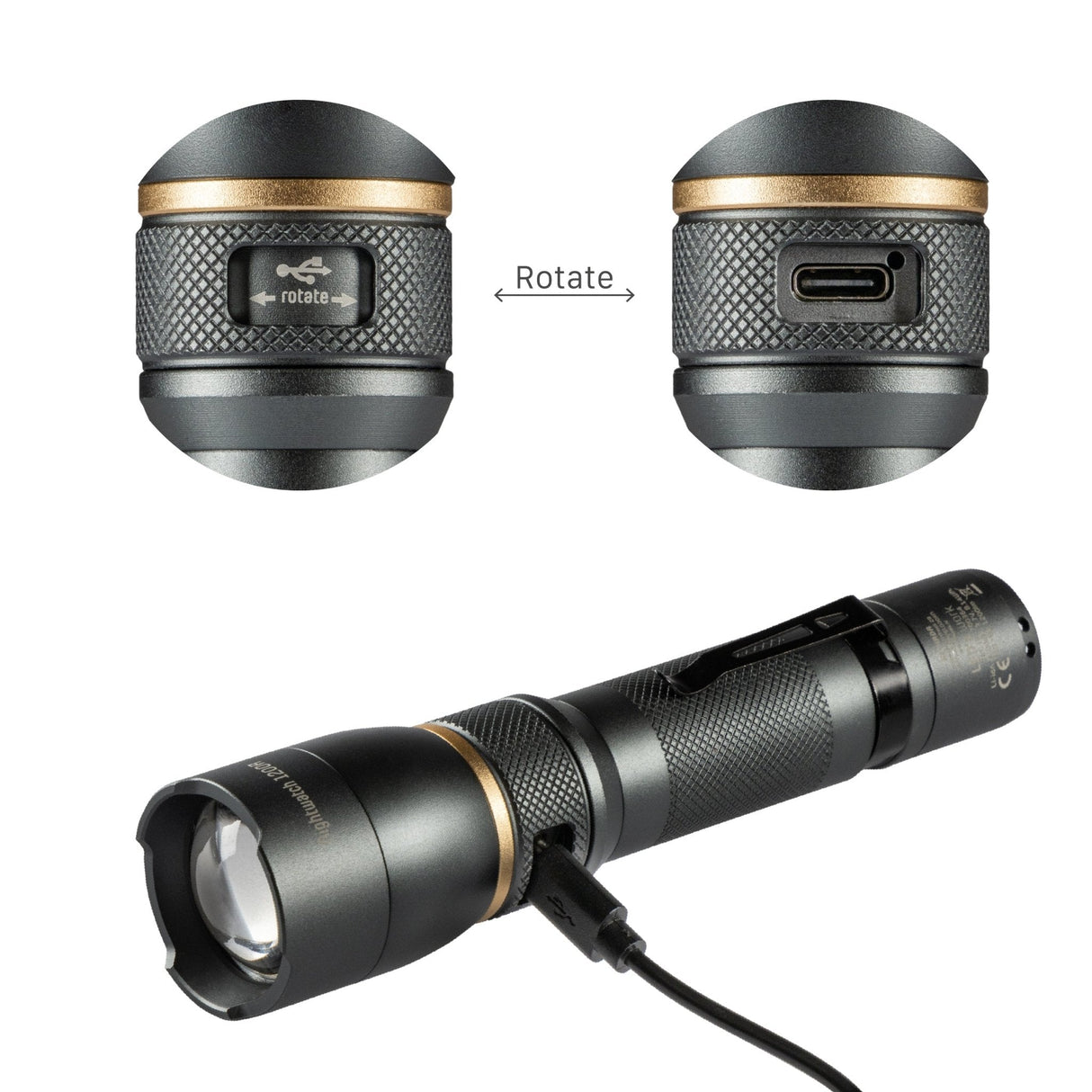 Wiederaufladbare LED-Taschenlampe (USB-C) – 1200 Lumen – Dimmbar – Kaltweiß (5000 K) – Wasserdicht (IPX7) – Zoomfunktion