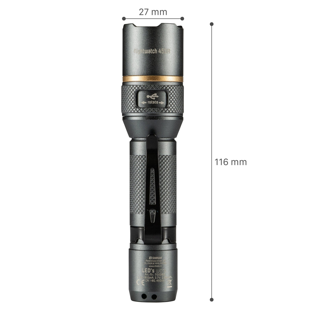 Wiederaufladbare LED-Taschenlampe – 450 Lumen – Dimmbar – Kaltweiß (5000 K) – Wasserdicht (IPX7) – Zoomfunktion – USB-C