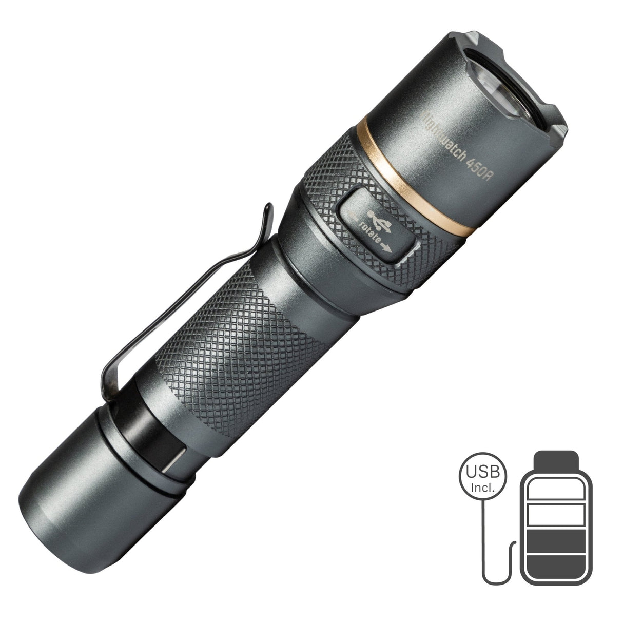 Wiederaufladbare LED-Taschenlampe – 450 Lumen – Dimmbar – Kaltweiß (5000 K) – Wasserdicht (IPX7) – Zoomfunktion – USB-C