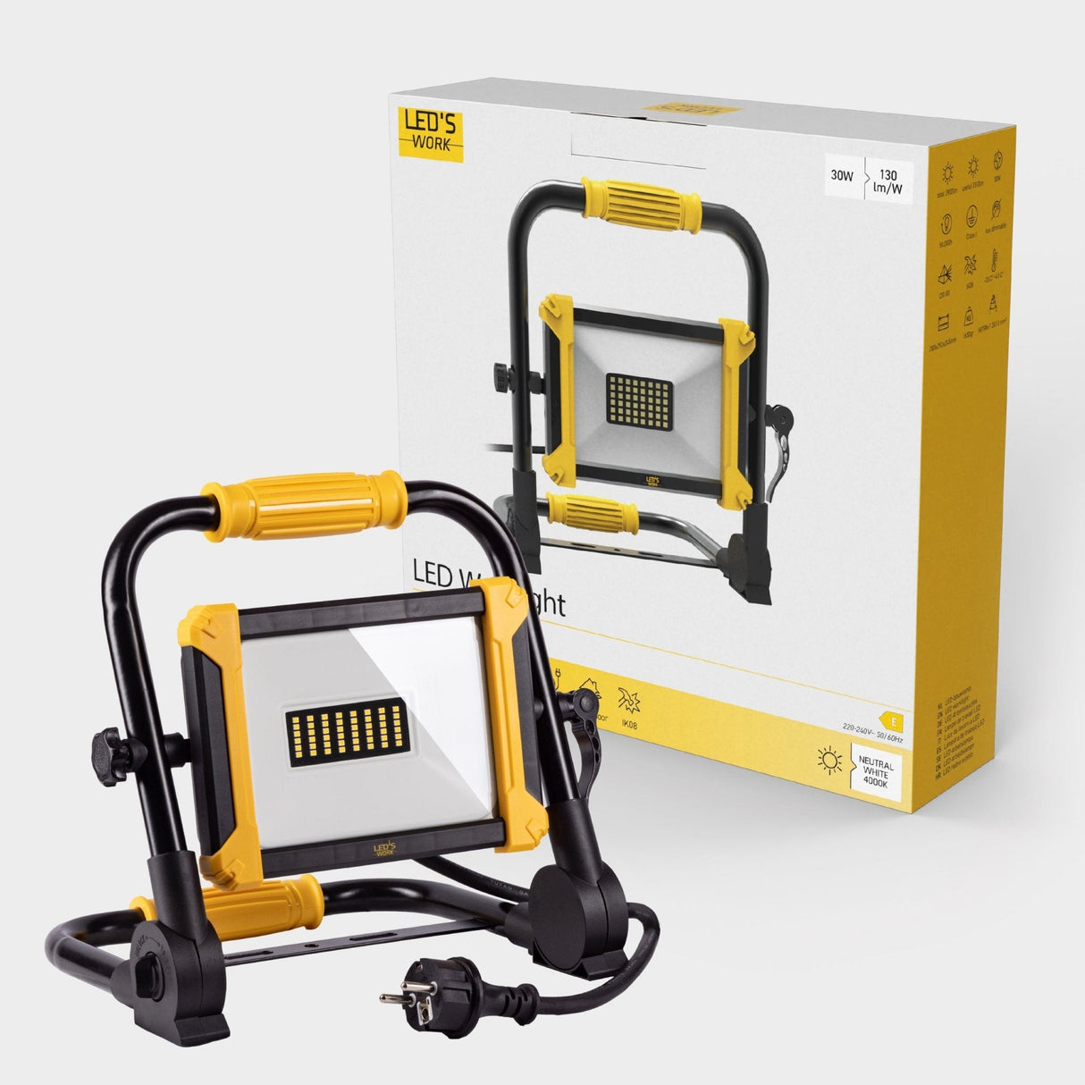 LED-Arbeitsleuchte, 3900 Lumen, 30 W, Kaltweiß (4000 K), faltbar, Schutzart IP65, IK08, 3 m Kabel