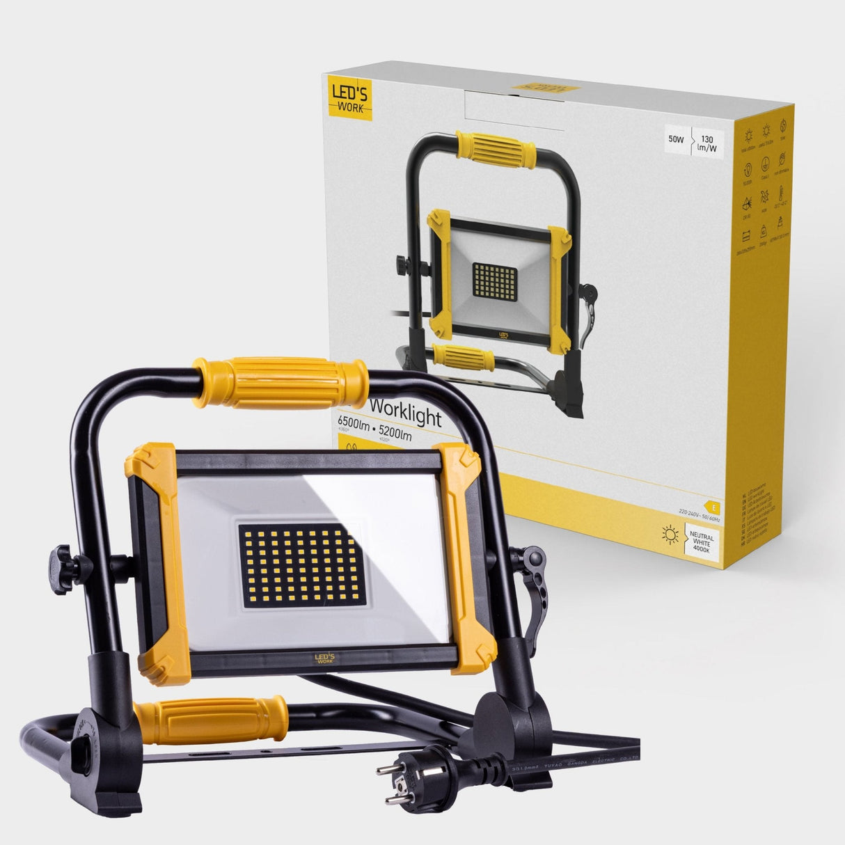 LED Construction Lamp Foldable - 6500 Lumen - 50W - Cool White 4000K - IP65 IK08 - Replaces 500W Halogen - 5m Cable