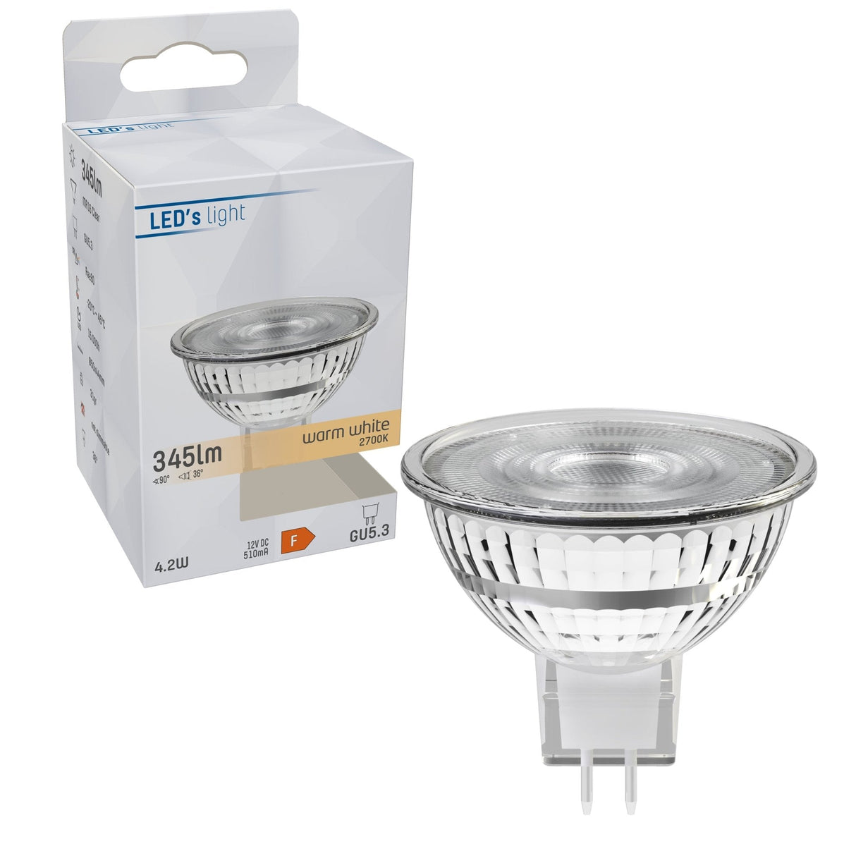 LED Spot 380 lumen - 4,4W - Warmwit 2700K - GU5.3 - MR16 - 12V - Vervangt 35W Halogeen - 36° Spot
