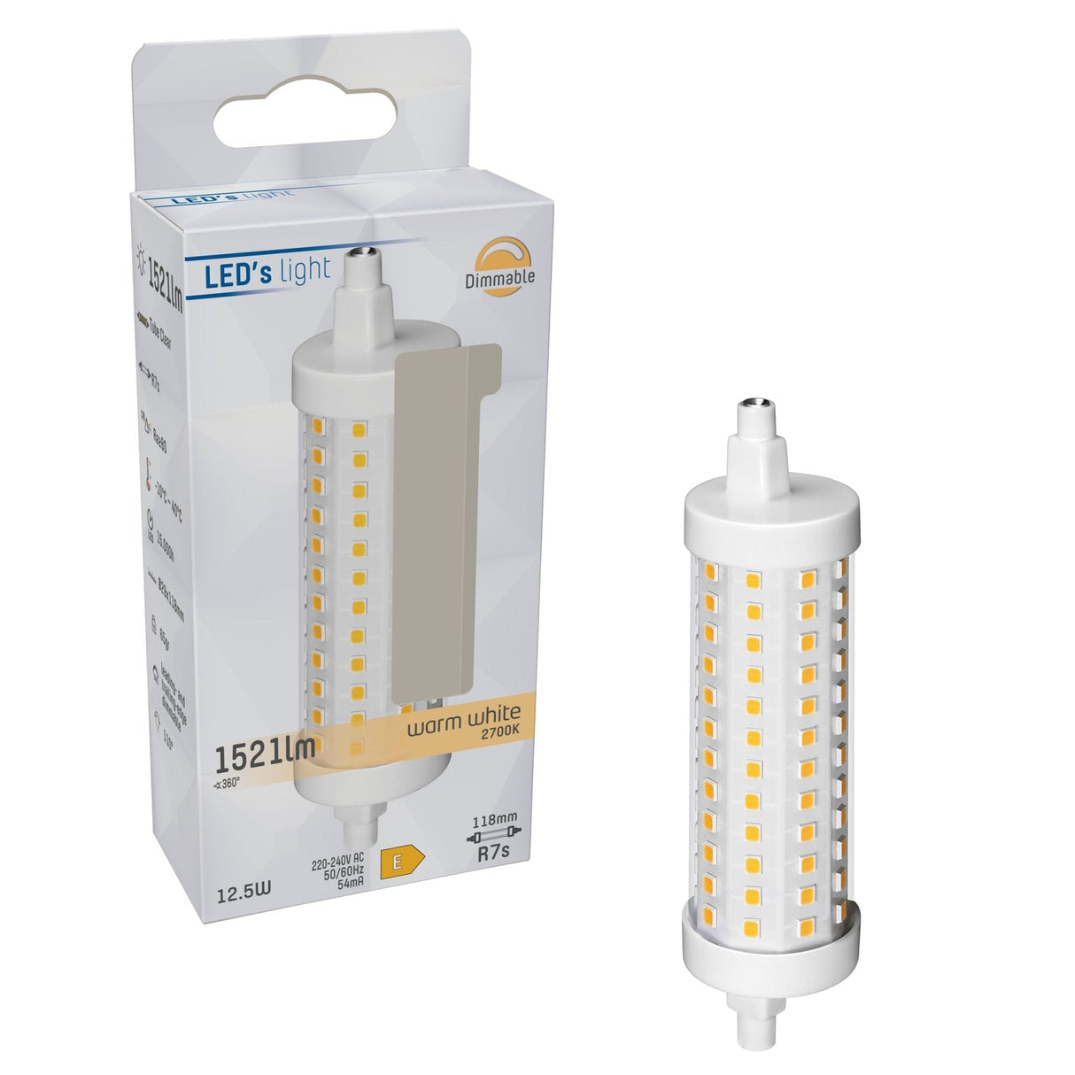 LED-Stableuchte R7s, dimmbar, warmweiß (2700 K), 12,5 W, 1521 Lumen, 118 mm, Klarglas