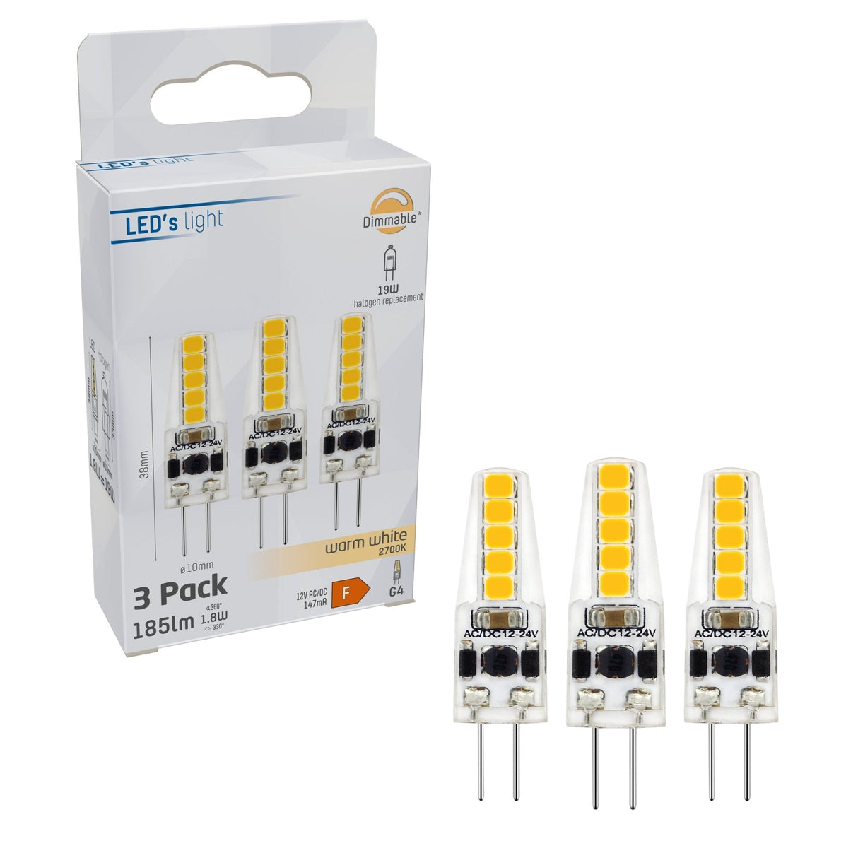 LED-Kapsel G4, 185 Lumen, 1,8 W, Warmweiß (2700 K), 12 V, dimmbar, Schutzart IP20, 3er-Pack