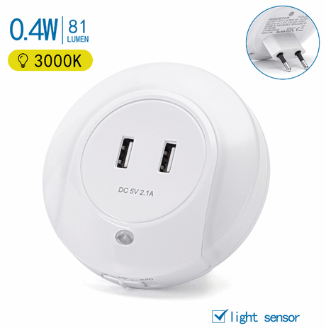 Nachtlampje rond warmwit + 2x USB poort | dagnachtsensor | 3000K - 0.4 Watt - 8 Lumen - 230V - LEDPLANET.NL
