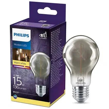 Philips LED-Glühlampe E27 mit Rauchglas – 2,3 W (ersetzt 11 W) – Warmweißes Licht