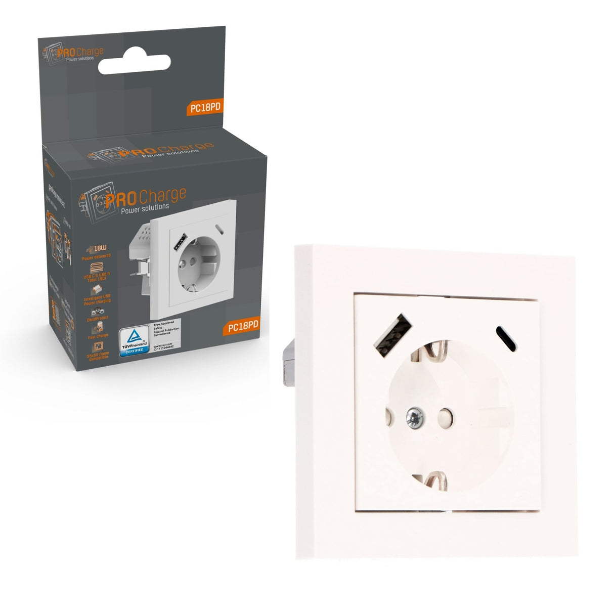 ProCharge Wandsteckdose mit USB-C- und USB-Schnellladefunktion – Universal – Weiß – RAL9010