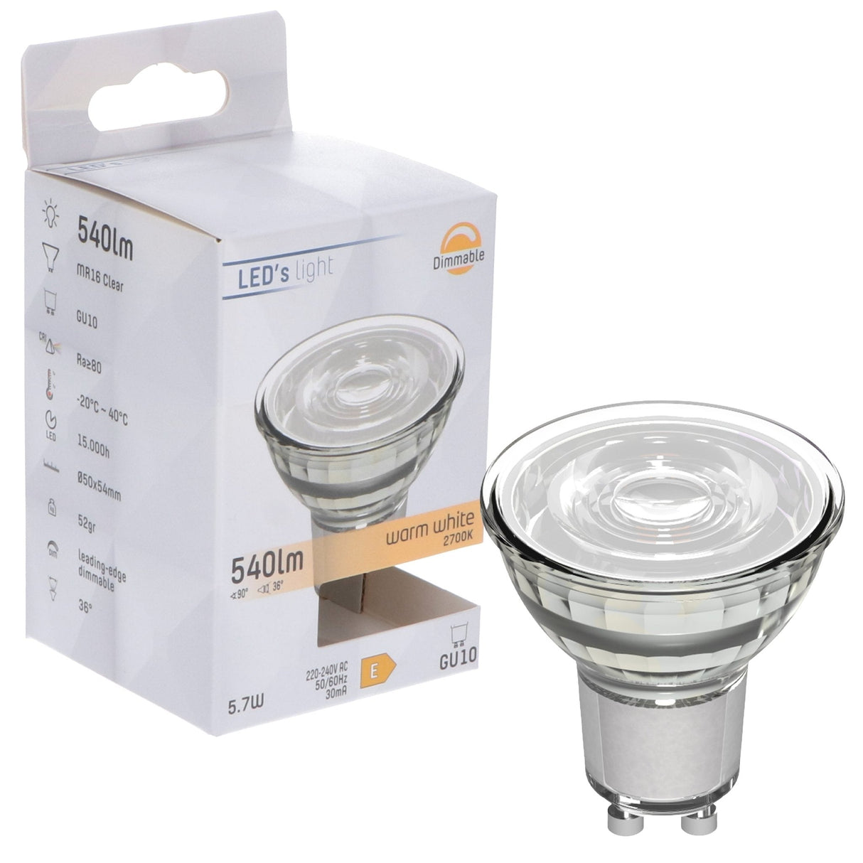 LED-Spot GU10, dimmbar, 610 Lumen, 5,7 W, 2700 K, 36°, MR16