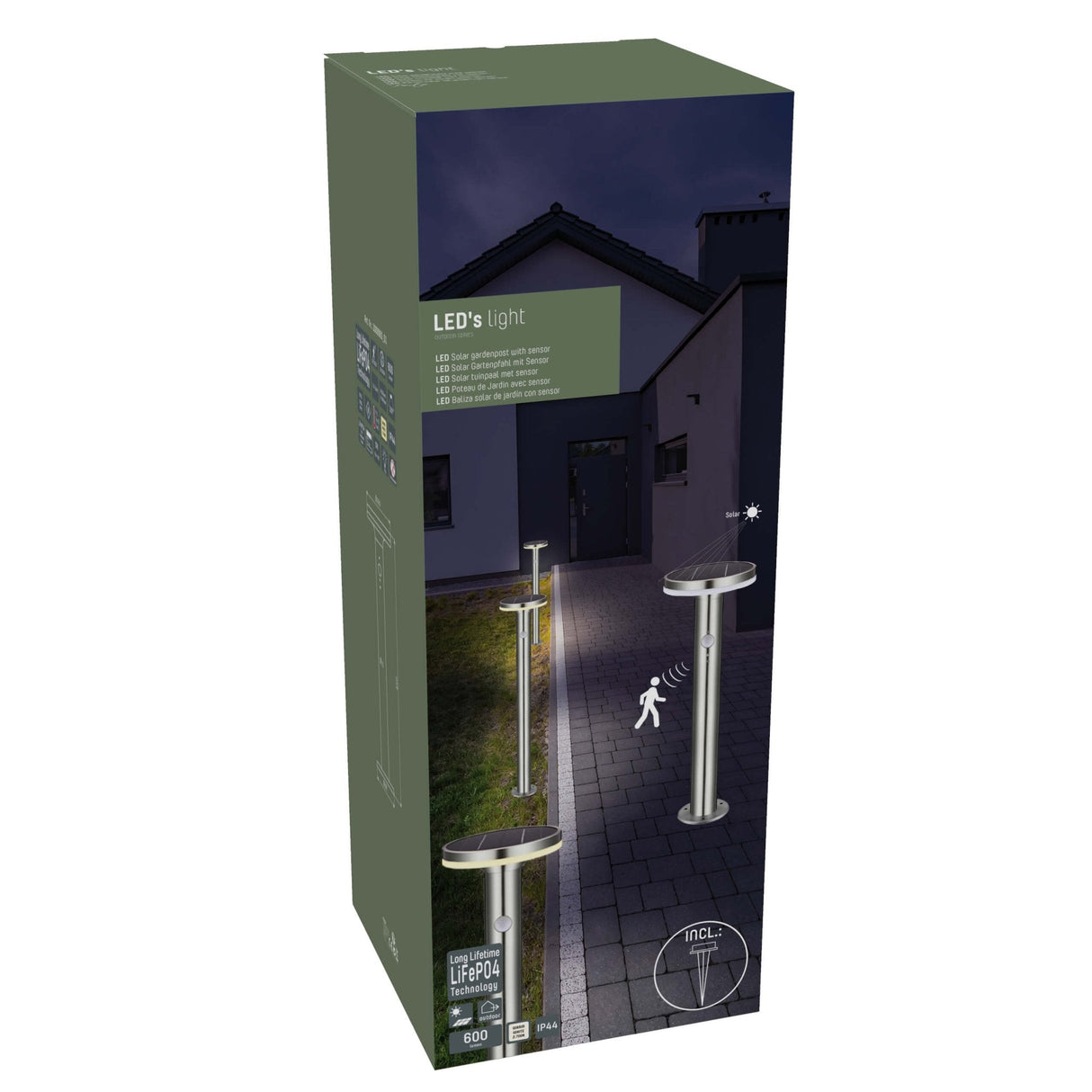 LED-Gartenlaterne aus Edelstahl mit Solarbetrieb und Bewegungsmelder – kabellos – 3 Modi – Silber