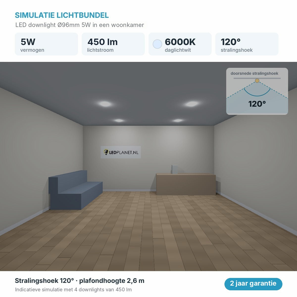 Simulatie lichtbundel LED downlight Ø96mm 5W 450 lm daglichtwit 6000K 120°