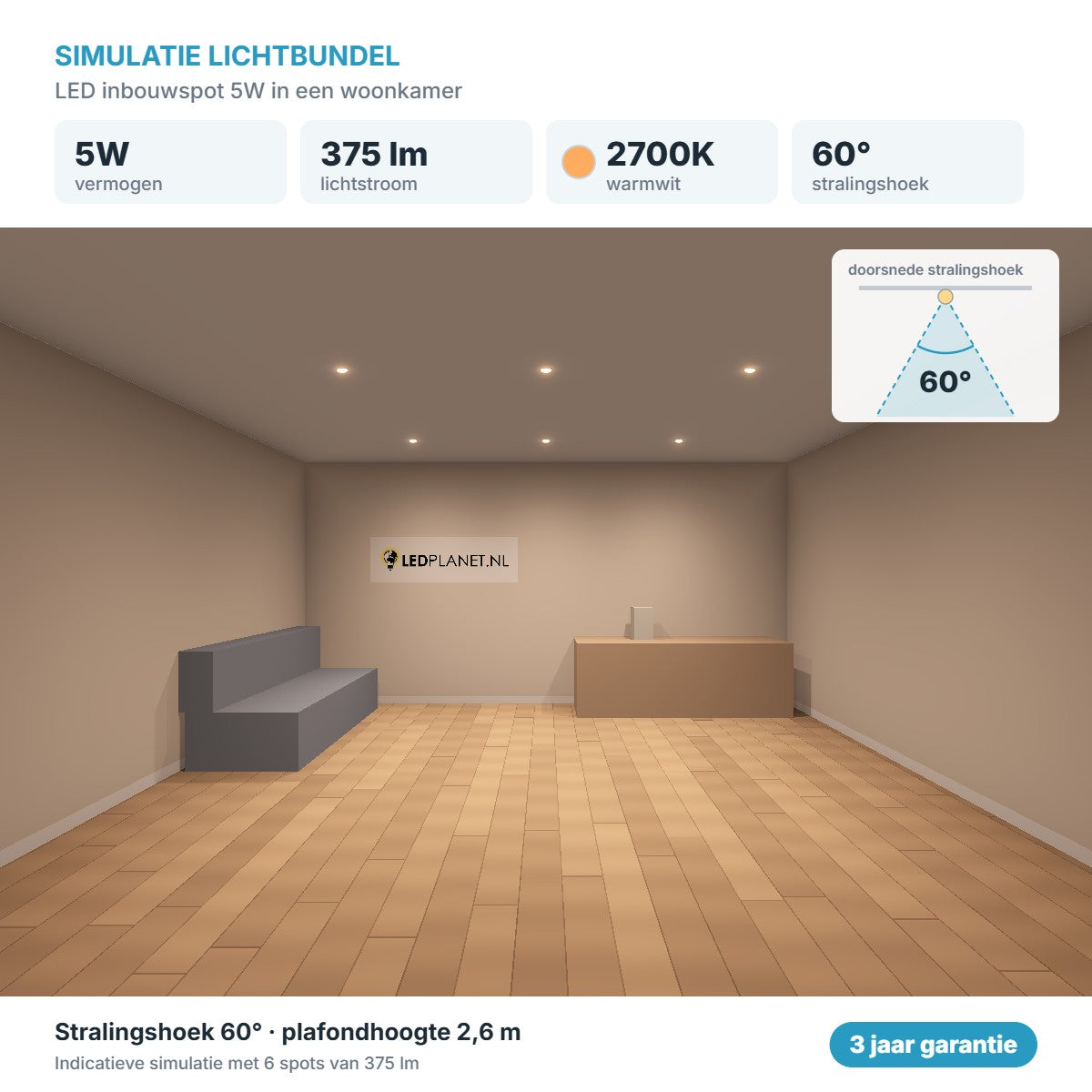 Simulación del haz de luz foco LED empotrable 5W 375 lm blanco cálido 2700K 60°