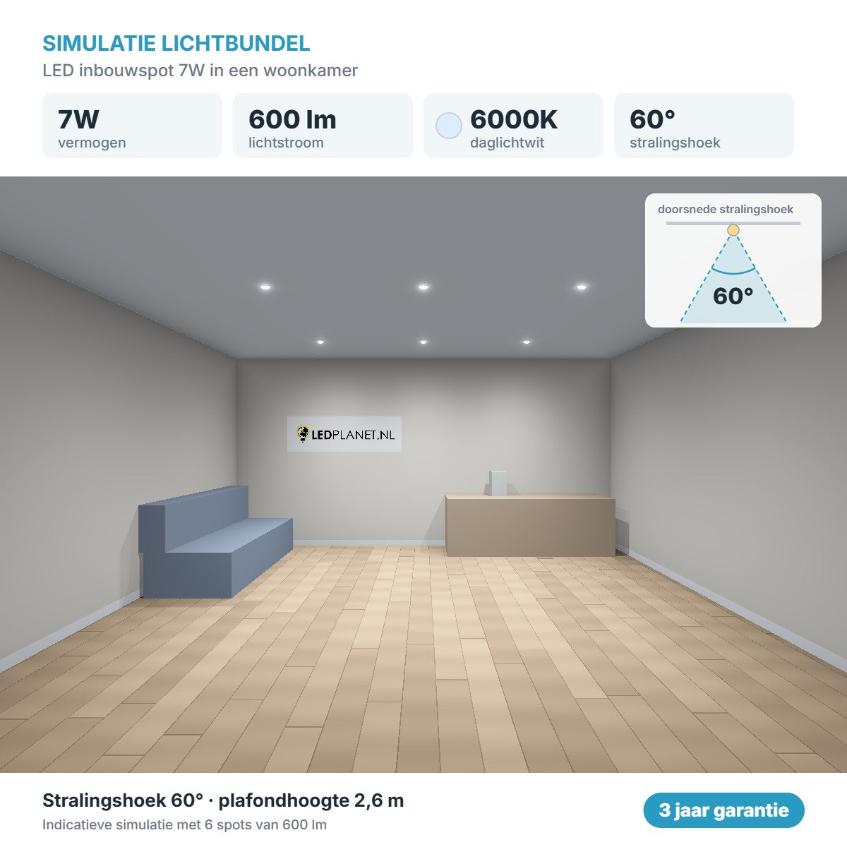 Lichtsimulation LED-Einbaustrahler 7W 600 lm Tageslichtweiß 6000K 60°
