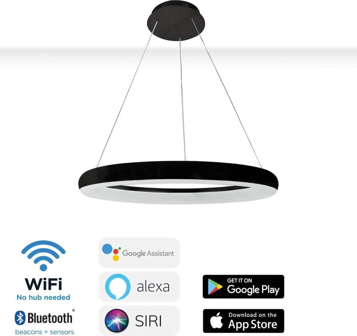 Smart LED Pendant Lamp Ring 60 cm - Controllable with remote control and app - White & Color - Black
