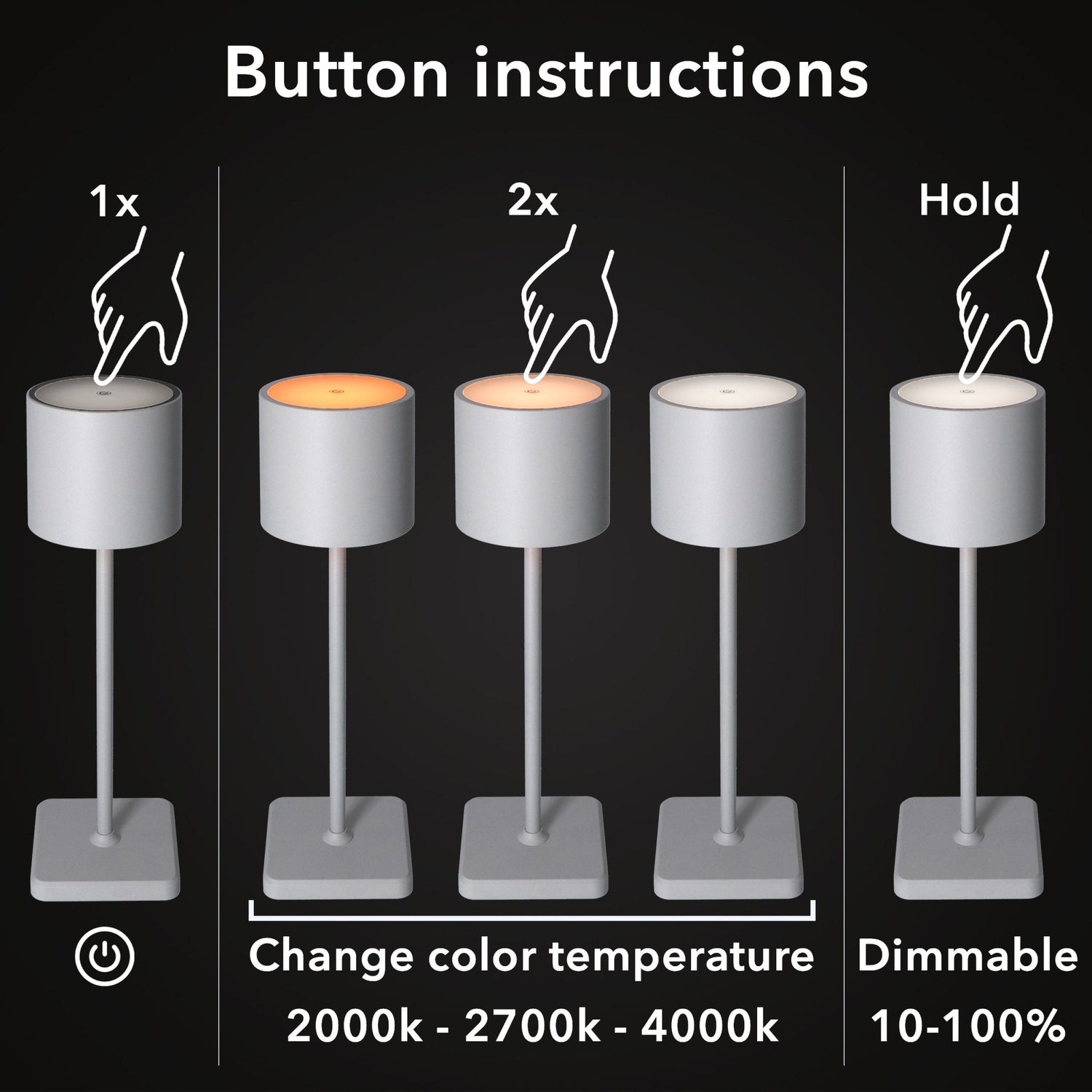 TouchDim wiederaufladbare LED-Tischlampe – Dimmbar durch Berührung – Innen und Außen – Grau
