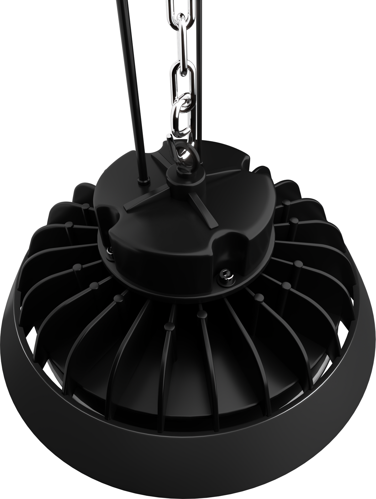 Luminaires LED UFO Blls noirs avec fixation par chaîne et refroidissement efficace