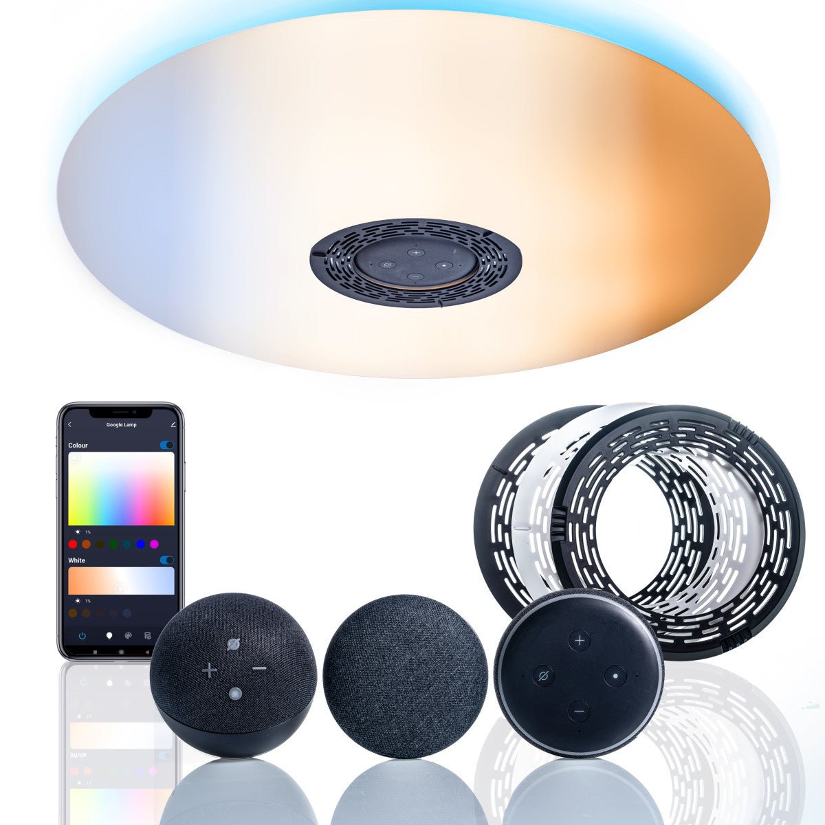 VoiceControl LED Ceiling Light 50 cm with Google Nest & Amazon Echo Dot Holder - Controllable with App