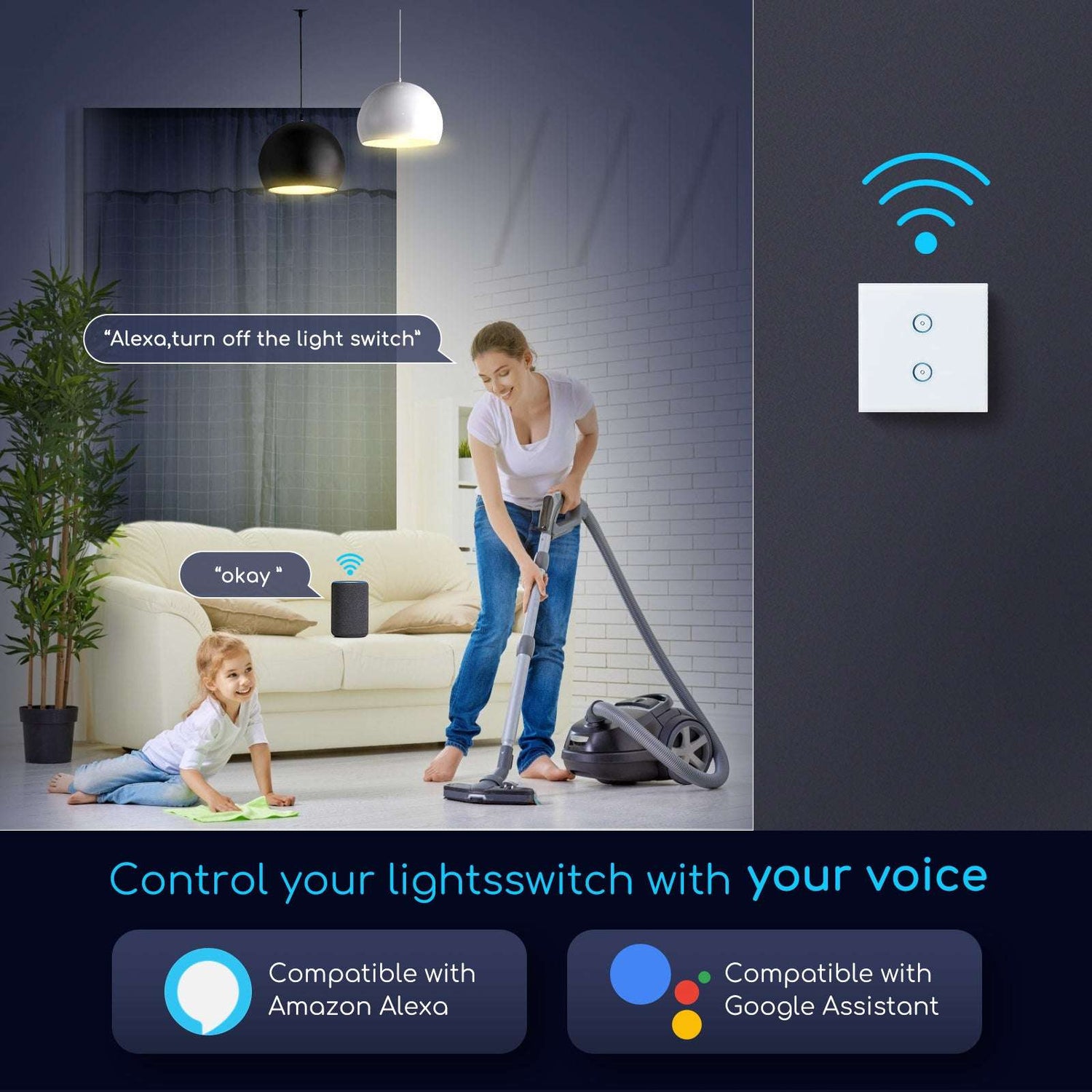 WiFi Smart Switch slimme schakelaar | 2 lichtpunten - inbouw - touch bediening - glas | 230V 10A - LEDPLANET.NL