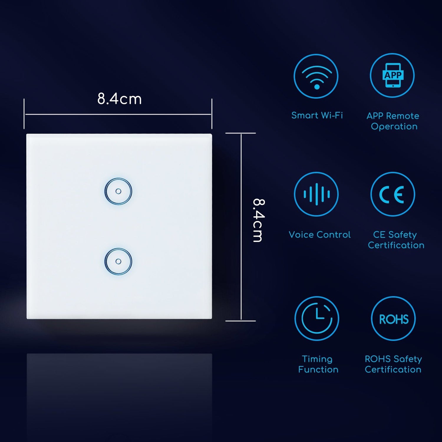 WiFi Smart Switch slimme schakelaar | 2 lichtpunten - inbouw - touch bediening - glas | 230V 10A - LEDPLANET.NL