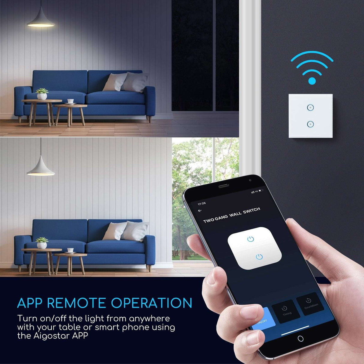 WiFi Smart Switch slimme schakelaar | 2 lichtpunten - inbouw - touch bediening - glas | 230V 10A - LEDPLANET.NL