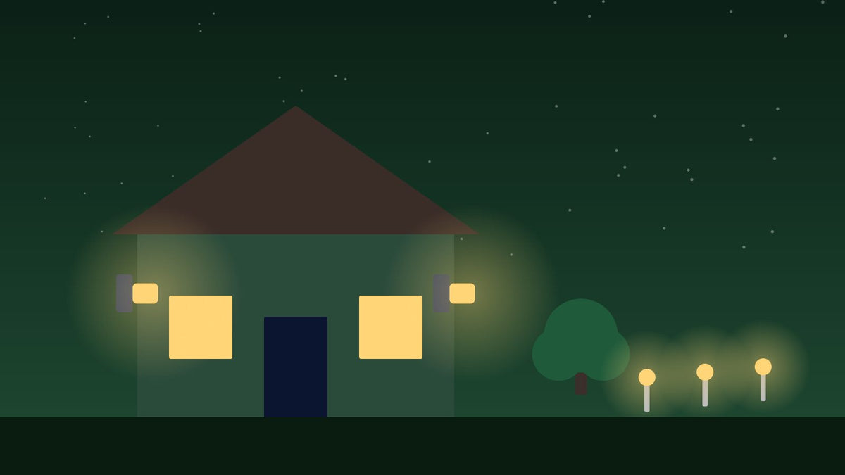 Maison avec appliques LED et éclairage de jardin le soir