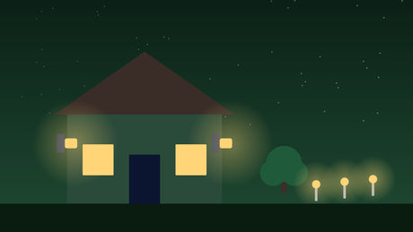 Huis met LED-wandlampen en tuinverlichting in de avond