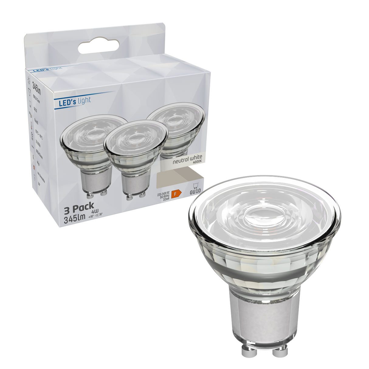 LED-Spot GU10 – 345 Lumen – Kaltweiß (4000 K) – 4 W (ersetzt 50 W) – 3 Stück
