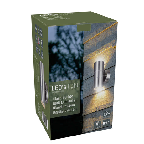 LED-Außenwandstrahler – 2x GU10-Fassung – Nach oben und unten gerichtetes Licht – Schutzart IP44 – Edelstahl – Silber