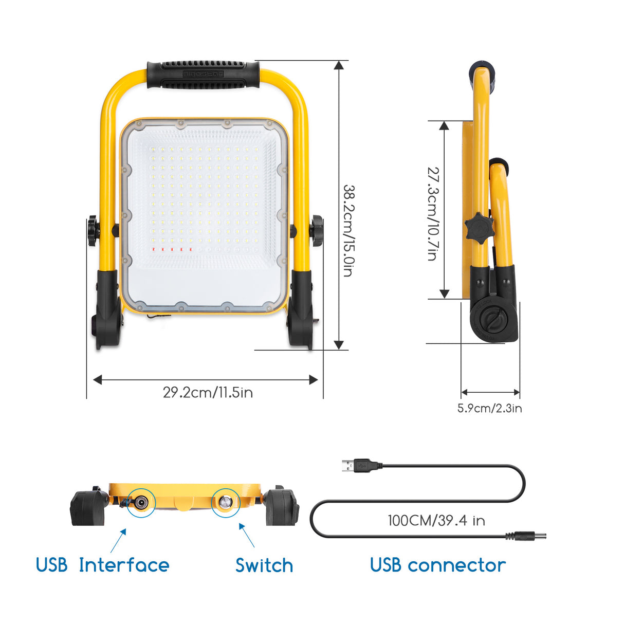 Construction lamp - rechargeable work light - USB | LED 100W=250W spotlight | daylight white 6500K - 3 settings + flash blue-red | waterproof IP65