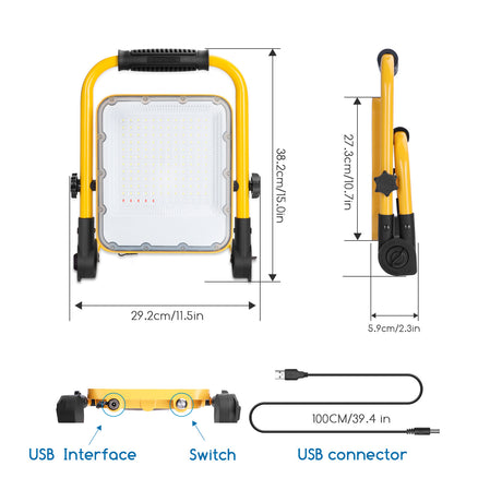 Baulampe - Arbeitsleuchte wiederaufladbar - USB | LED 100W=250W Strahler | Tageslichtweiß 6500K - 3 Einstellungen + Blitz blau-rot | wasserdicht IP65