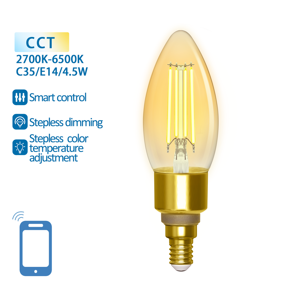 Kaarslamp E14 4.5W WiFi + Bluetooth CCT 2700K-6500K | Smartlamp C35 - warmwit - daglichtwit filament LED ~ 470 Lumen - amber glas - 230 Volt