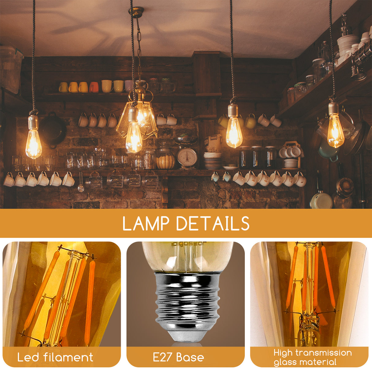 Kooldraadlamp E27 Edison ST64 - amber glas  | LED 4W=38W gloeilamp | FLAME filament 2200K