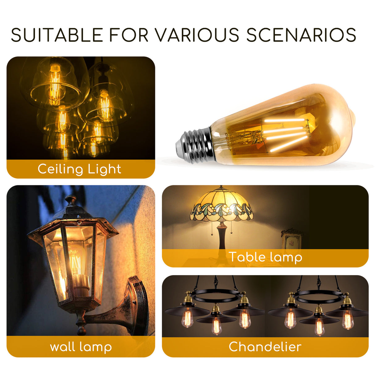 Kooldraadlamp E27 Edison ST64 - amber glas  | LED 4W=38W gloeilamp | FLAME filament 2200K