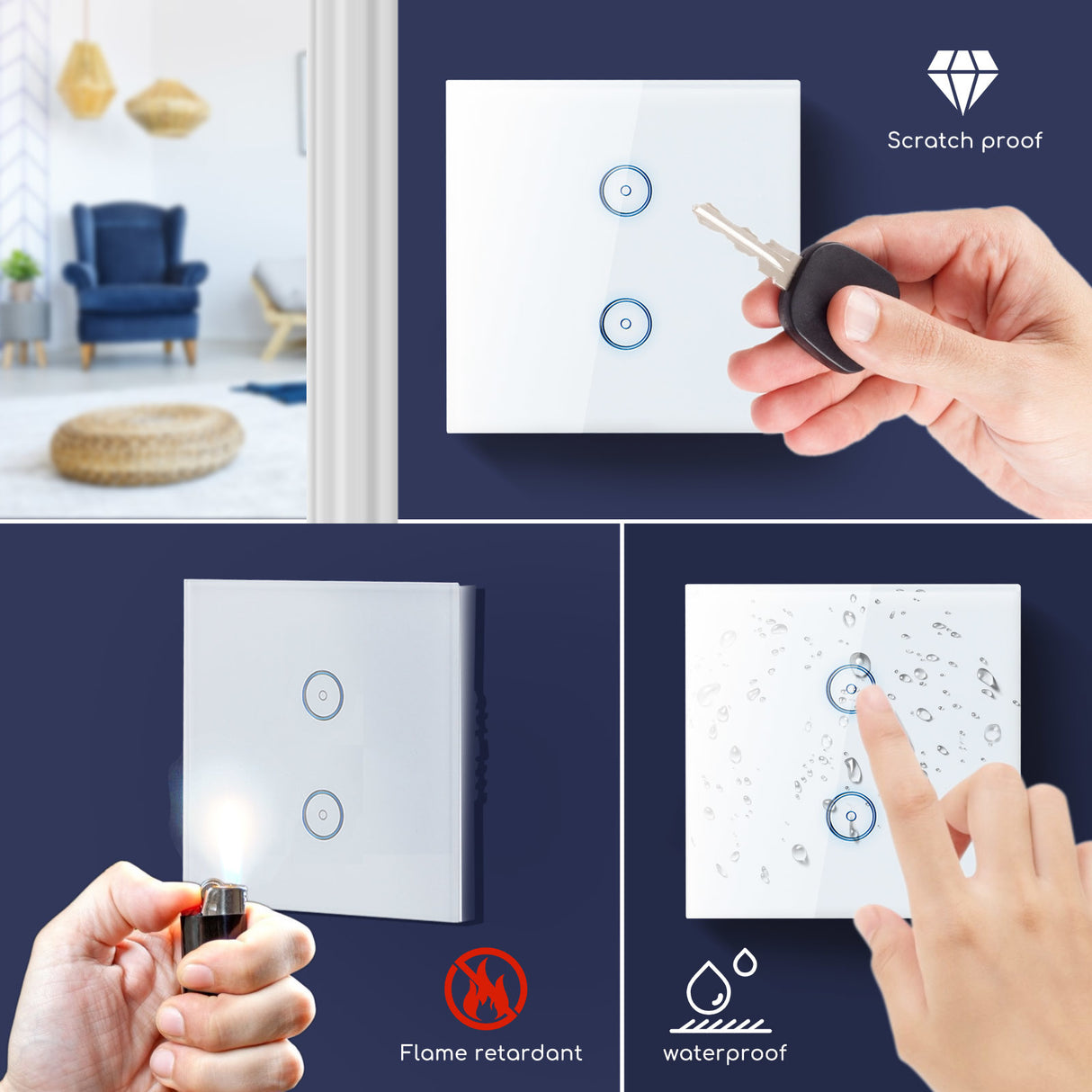 WiFi Smart Switch slimme schakelaar | 2 lichtpunten - inbouw - touch bediening - glas | 230V 10A