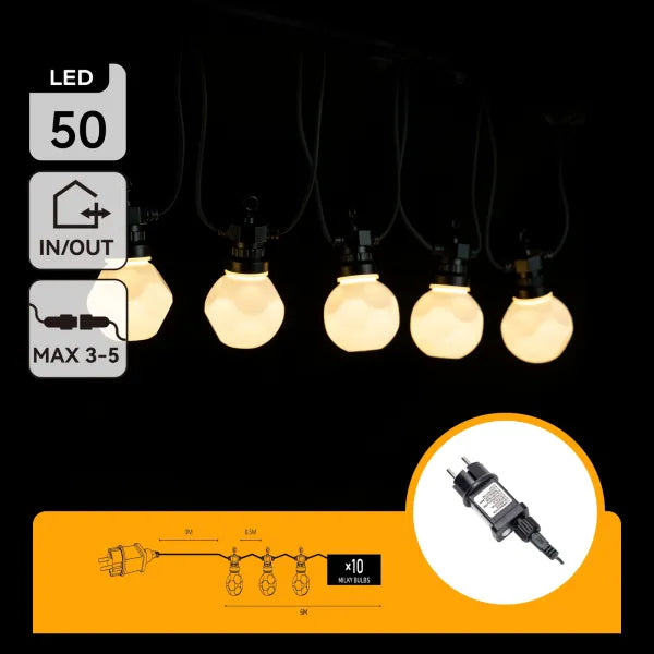 Lichtstring warmwit 8 meter (3+5) - 10 LED's milky | sproeidicht IP44 - koppelbaar (max 5) | 230VAC - 24V | met timer 6u aan/18u uit