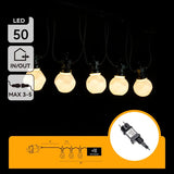 Lichtstring warmwit 8 meter (3+5) - 10 LED's milky | sproeidicht IP44 - koppelbaar (max 5) | 230VAC - 24V | met timer 6u aan/18u uit