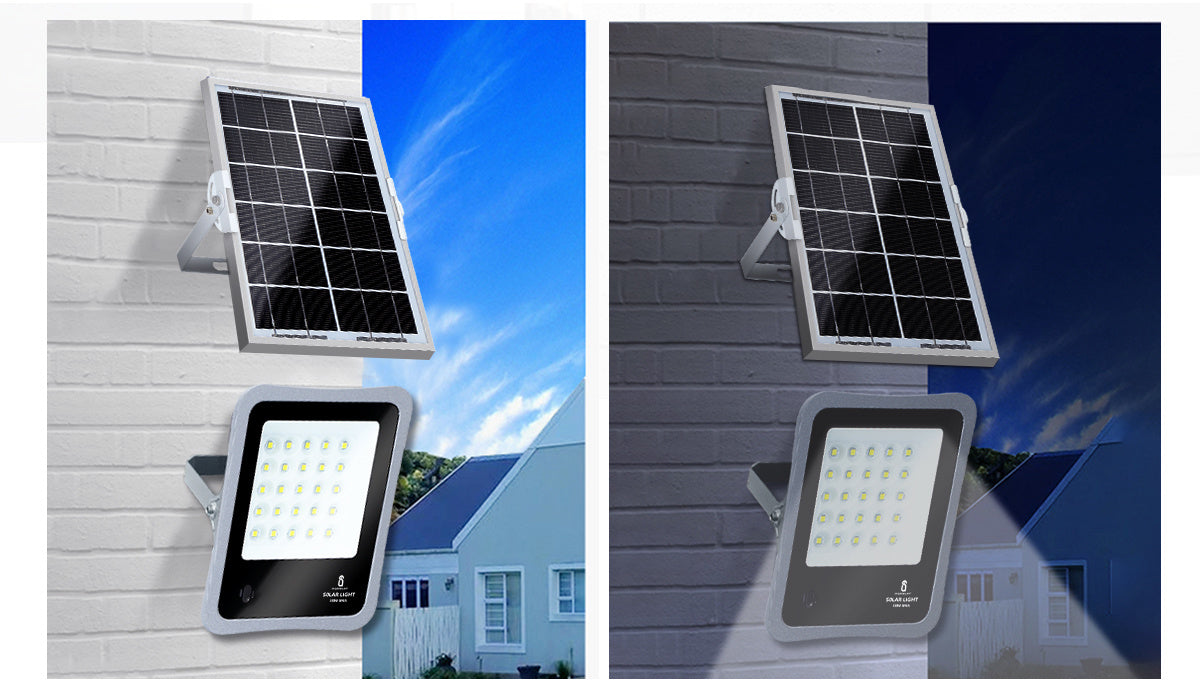 Außenleuchte grau mit Solarpanel | LED-Bauleuchte 100W~1200 Lumen Strahler + Fernbedienung | Tageslichtweiß 6500K - 90° Lichtwinkel | wasserdicht IP65