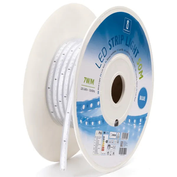 Lichtslang blauw - 50 meter - 120 LEDs/meter - 7W/m - sproeidicht IP65 | 230V AC