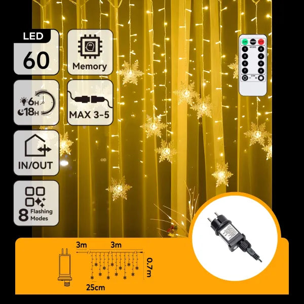 Light string icicle snowflake 6 x 0.7 meters warm white (3 + 3 x 0.7 m) - 12 LED garlands | splash-proof IP44 - connectable (max 5) | 230VAC - 24V | with remote control